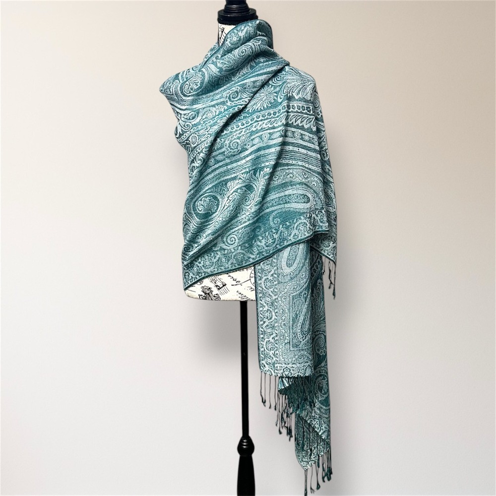 Pashmina Silk Teal Thread Paisley Shawl Wrap Scarf Fringe Boho Travel - Picture 3 of 11